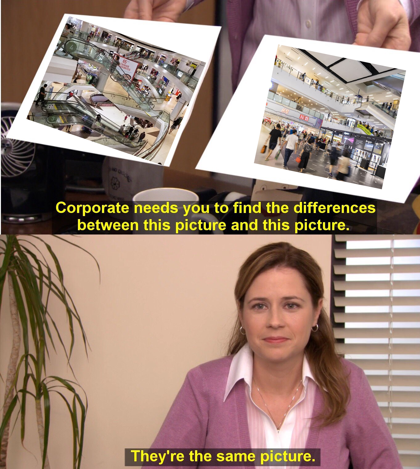a meme of Pam from The Office holding up two photos of two malls in Singapore, with the bottom frame saying 'They're the same picture'